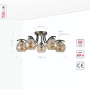 Product dimensions of amber glass dome black and antique brass metal semi flush ceiling light 5xe27