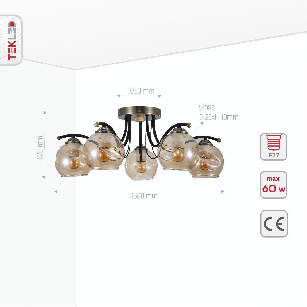 Product dimensions of amber glass dome black and antique brass metal semi flush ceiling light 5xe27