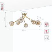 Product dimensions of amber glass dome gold aluminium bronze wishbone semi flush ceiling light 6xe27