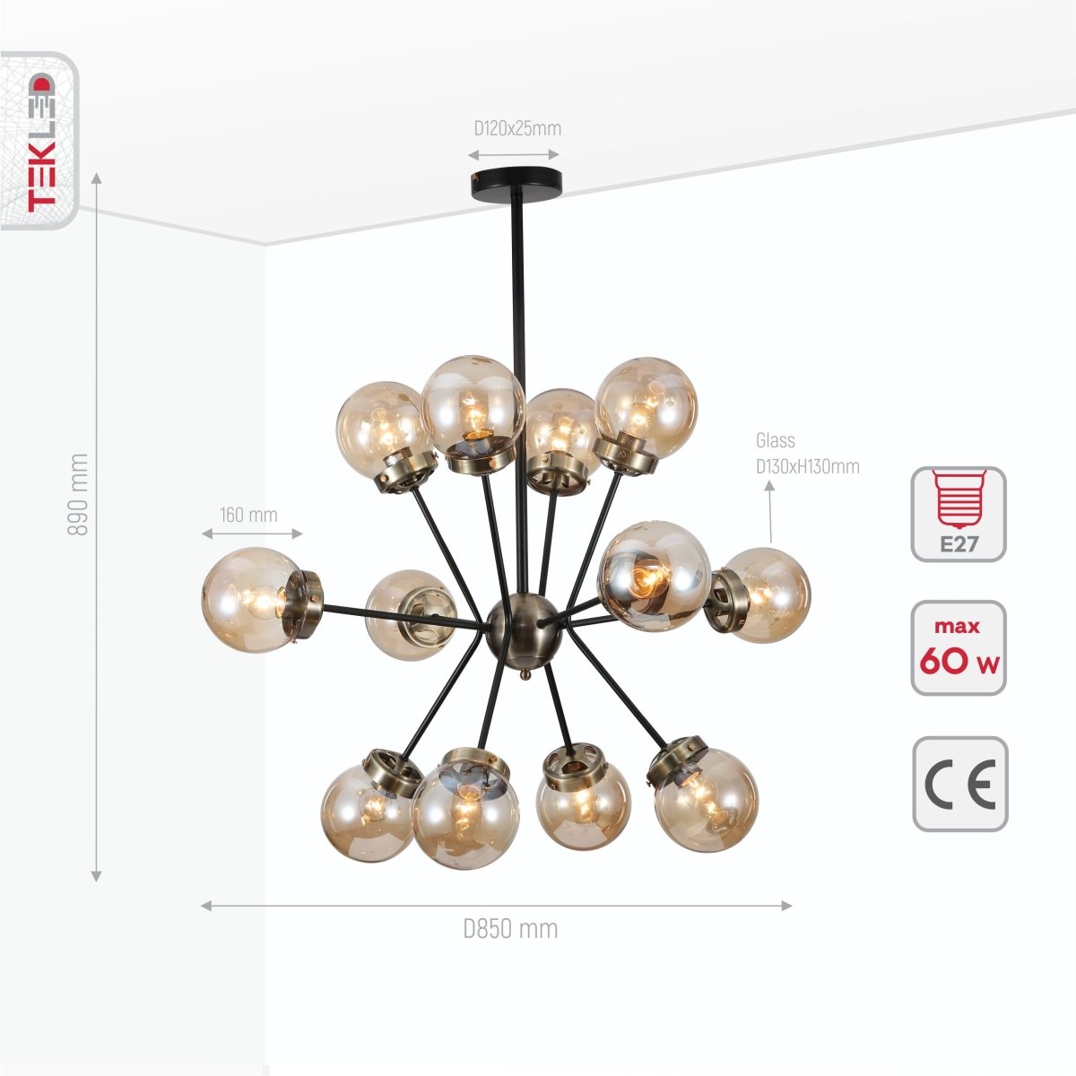Product dimensions of amber glass globe black and antique brass semi flush ceiling light 12xe27