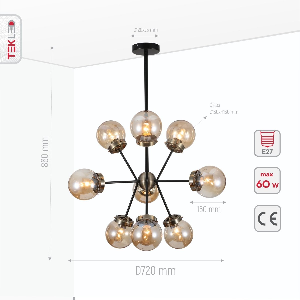 Product dimensions of amber glass globe black and antique brass semi flush ceiling light 9xe27