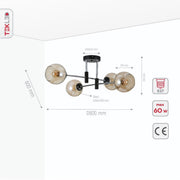 Product dimensions of amber glass globe chrome and black metal semi flush ceiling light 4xe27