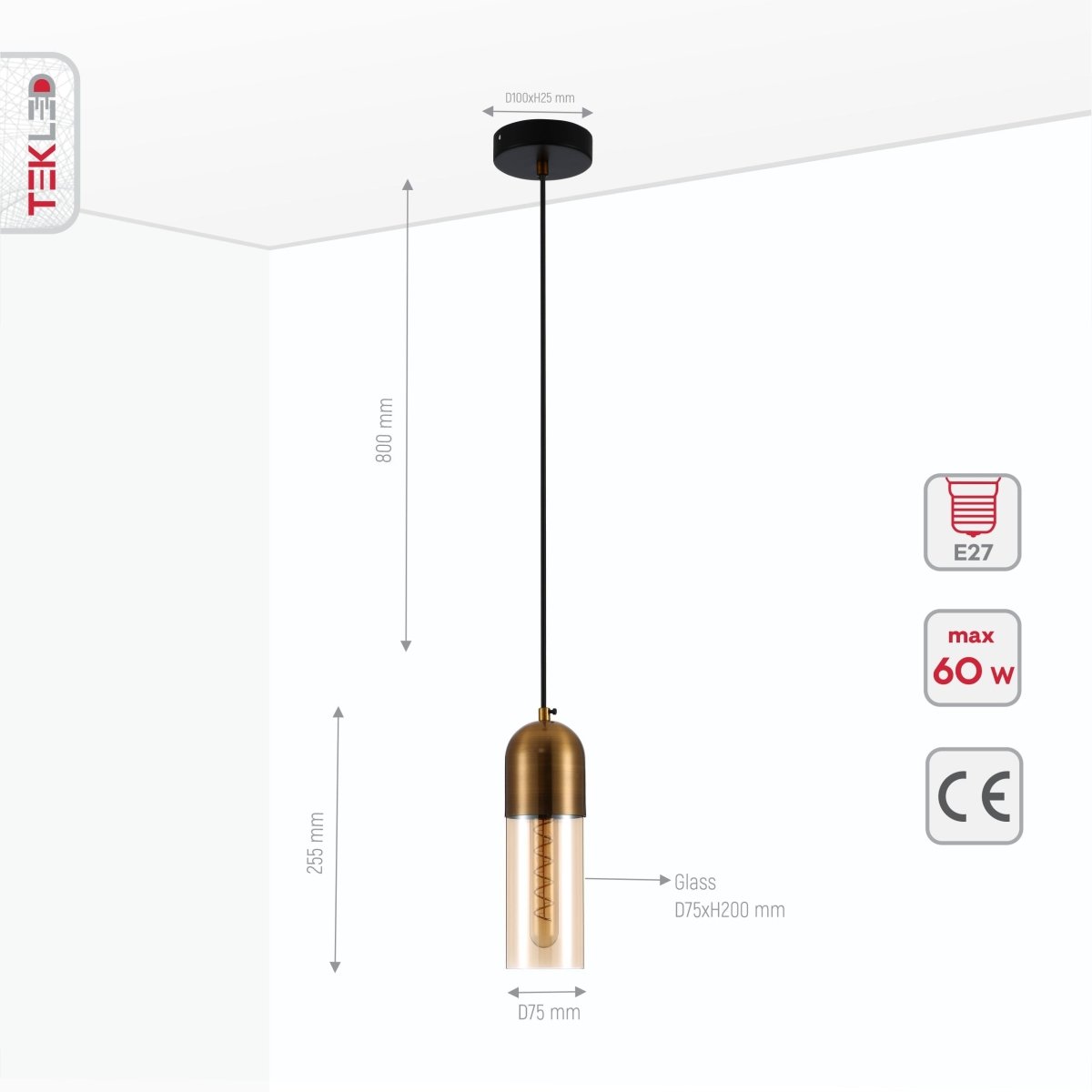 Product dimensions of amber glass gold aluminium bronze plated top cylinder pendant light e27