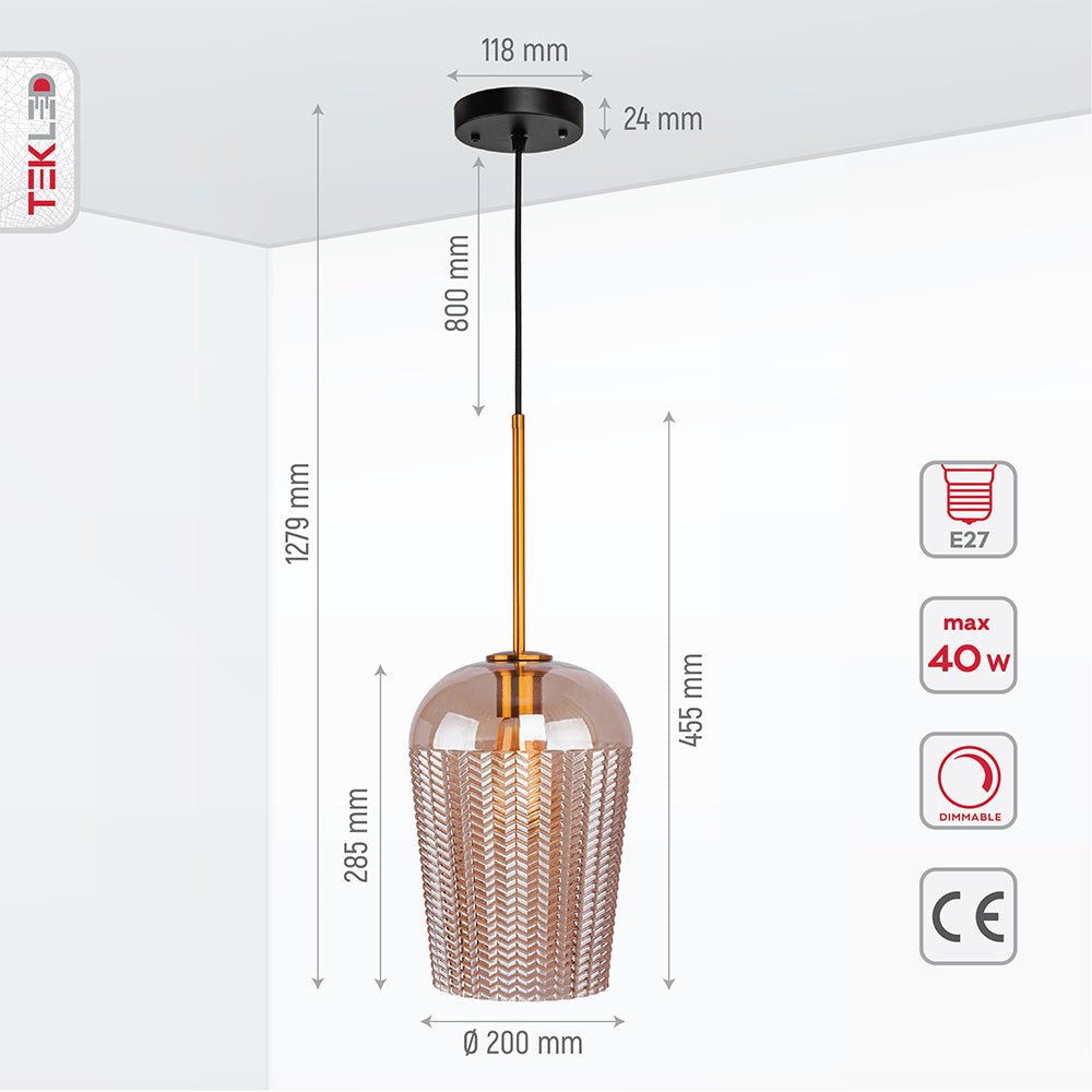 Product dimensions of amber glass schoolhouse pendant light with e27 fitting