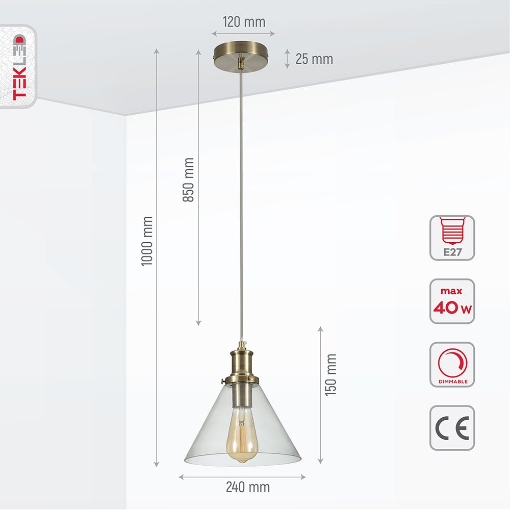 Product dimensions of antique brass metal clear glass funnel pendant light with e27 fitting