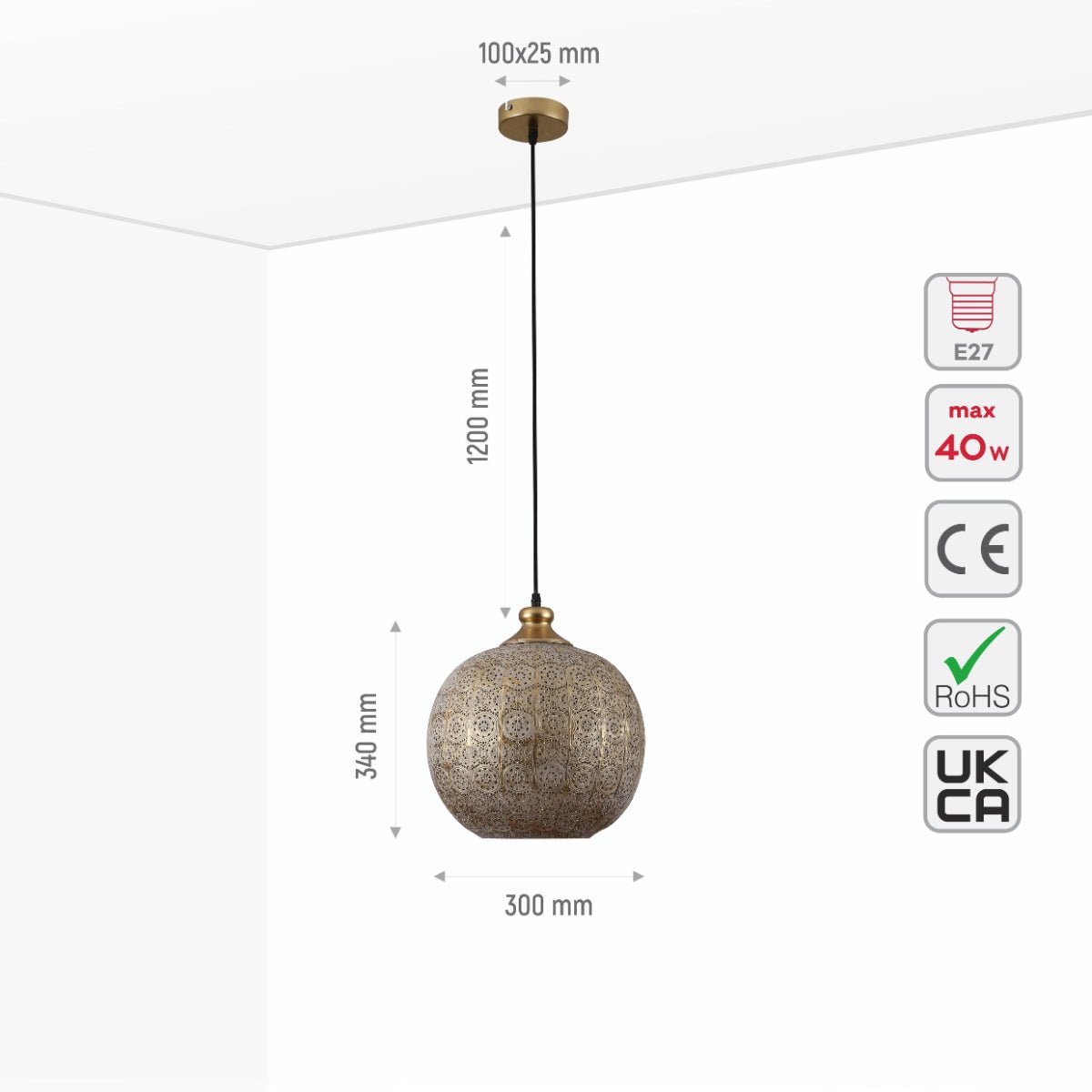 Size and specs of Antique Brass Metal Globe Pendant Ceiling Light with E27 | TEKLED 150-18054