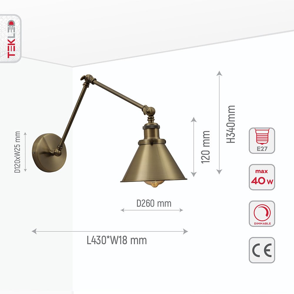 Product dimensions of antique brass metal hinged black cone wall light e27