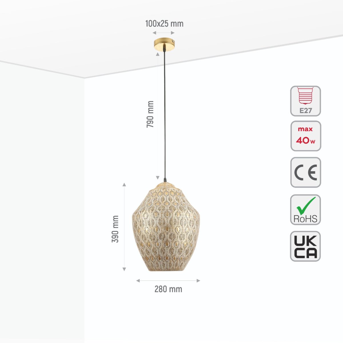 Size and specs of Antique Brass Metal Step Pendant Ceiling Light with E27 | TEKLED 150-18053