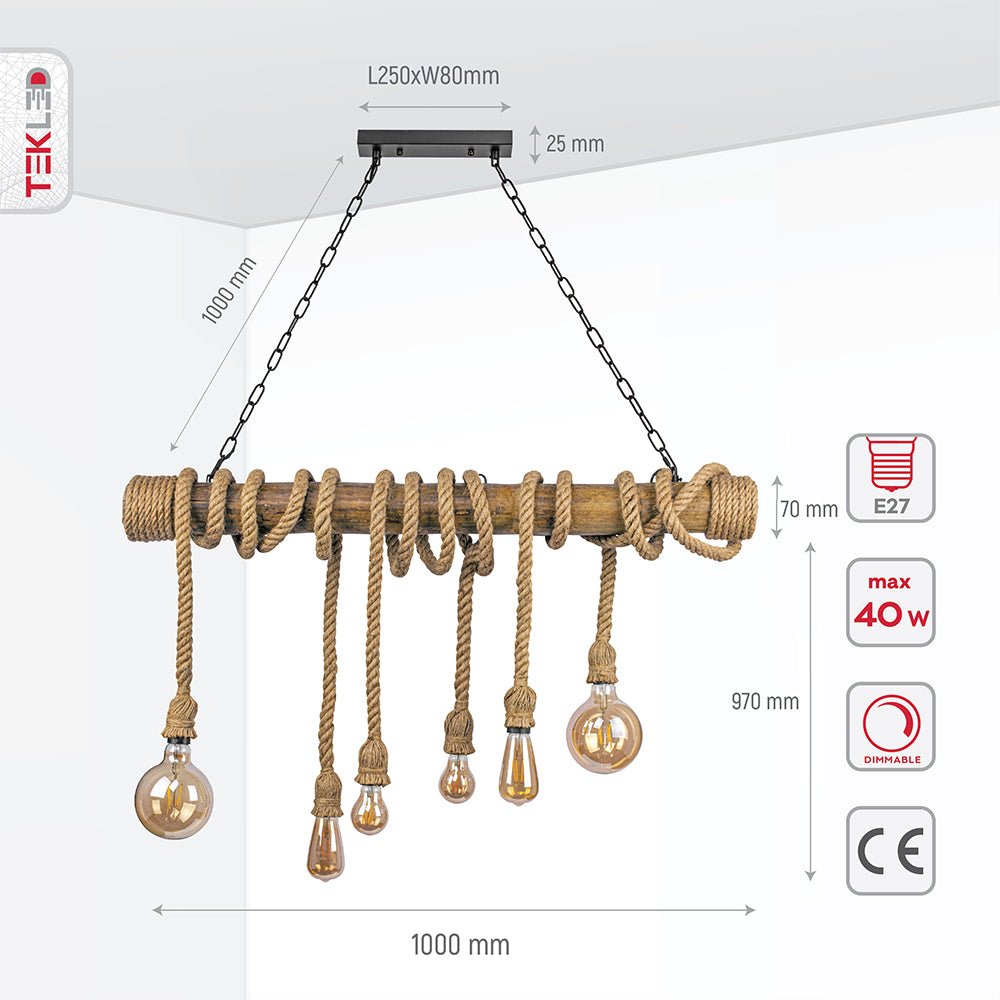 Product dimensions of bamboo and hemp rope rod chandelier with 6xe27 fitting 158-17884