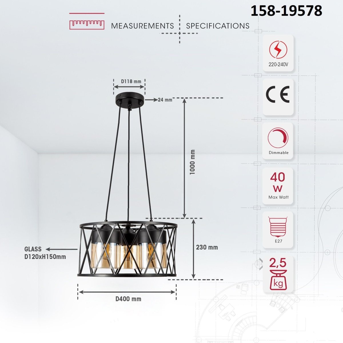 Product dimensions of black caged metal amber cylinder glass chandelier with 3xe27 fitting