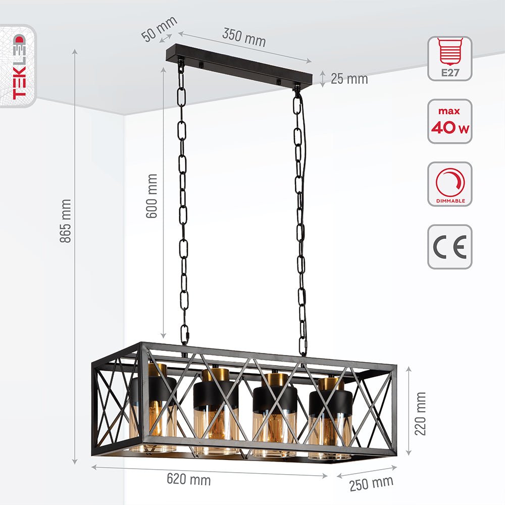 Product dimensions of black cuboid metal amber cylinder glass island chandelier with 4xe27 fitting
