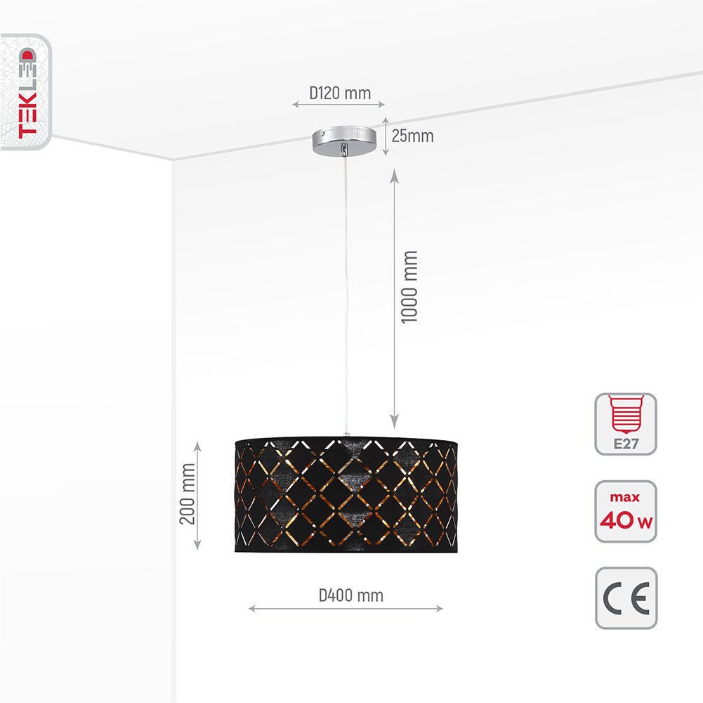 Product dimensions of black-gold fabric cylinder pendant light e27