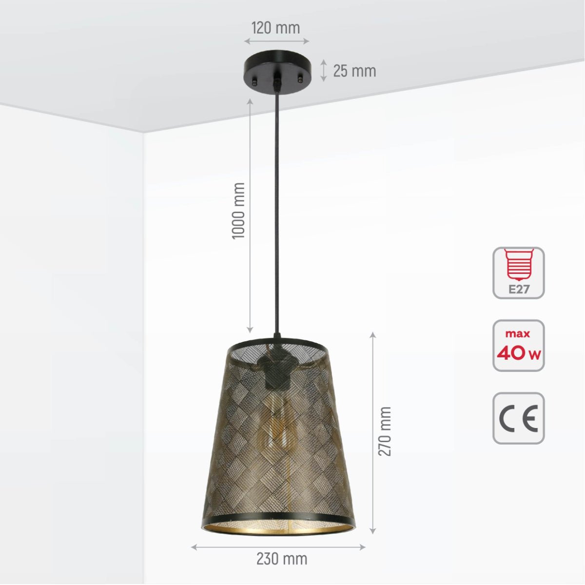 Size and specs of Black-Golden Metal Frustum Pendant Ceiling Light with E27 | TEKLED 150-17986