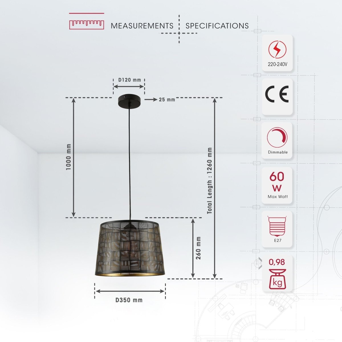 Product dimensions of black-golden metal frustum pendant light square pattern with e27 fitting