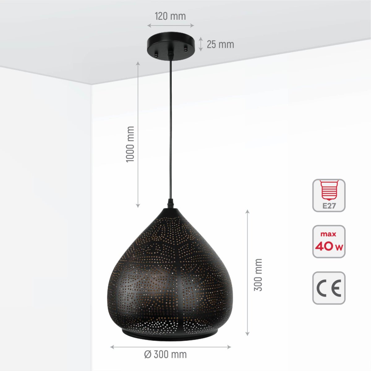 Size and specs of Black-Golden Metal India Dome Pendant Ceiling Light with E27 | TEKLED 150-17958