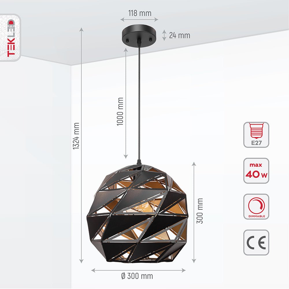 Product dimensions of black-golden metal polyhedral pendant light l with e27 fitting