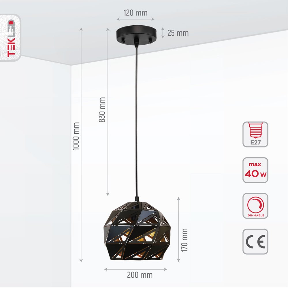 Product dimensions of black-golden metal polyhedral pendant light s with e27 fitting