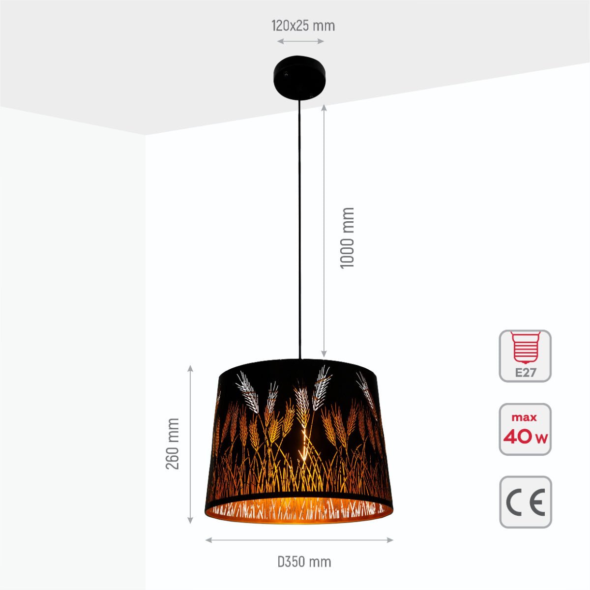 Size and specs of Black-Golden Metal Spike Frustum Pendant Ceiling Light with E27 | TEKLED 150-18084