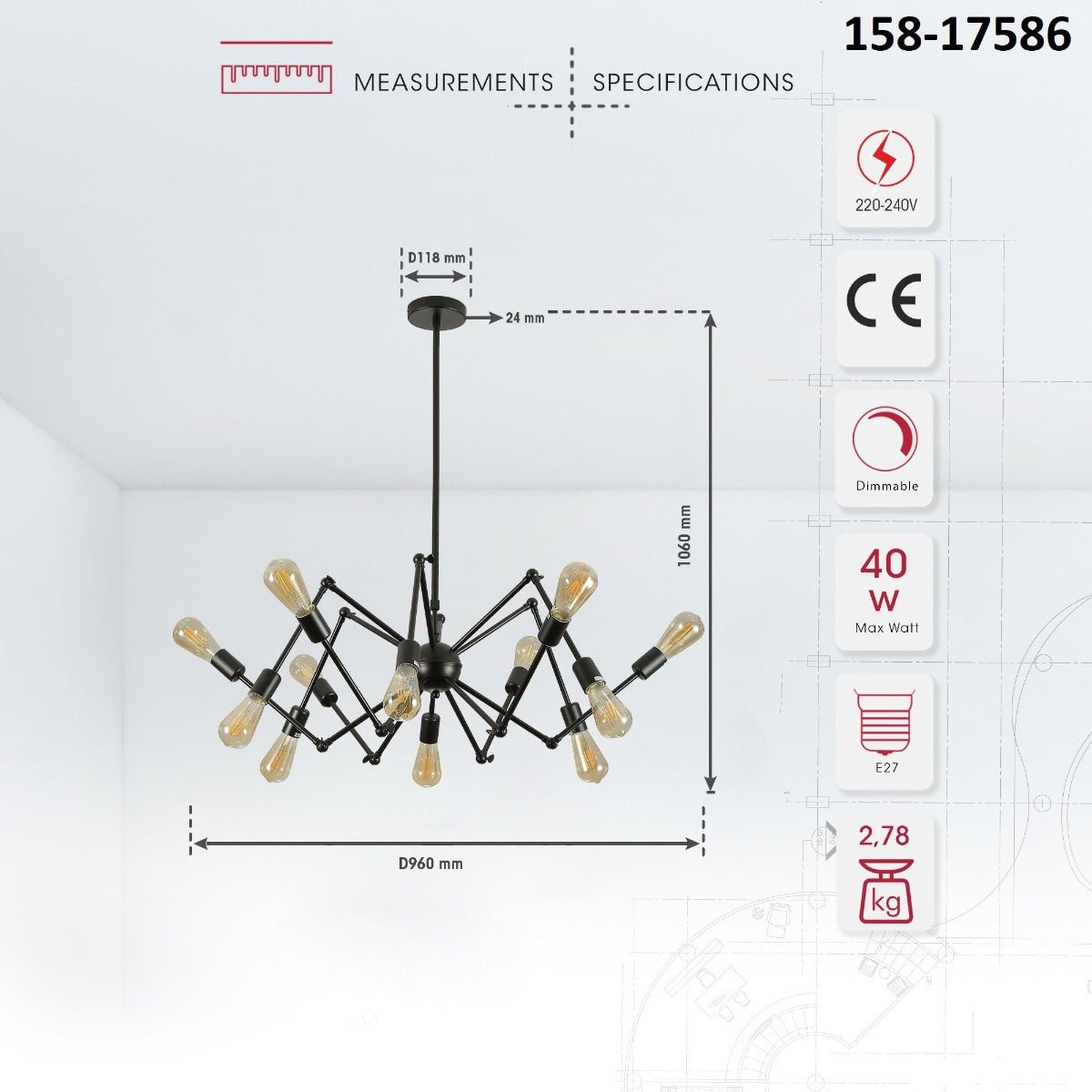 Product dimensions of black hinged rod metal spider chandelier with 12xe27 fitting 158-17586