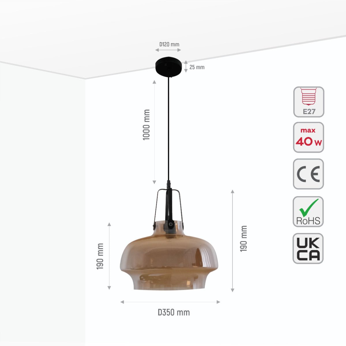 Size and specs of Black Metal Amber Glass Step Pendant Ceiling Light with E27 | TEKLED 150-17800