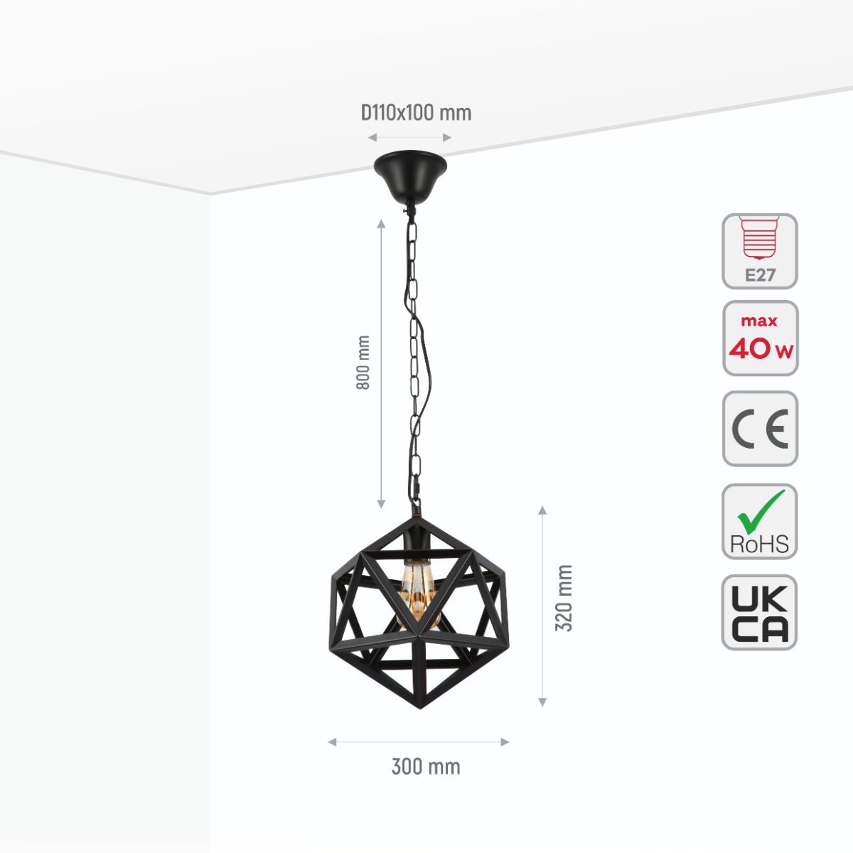 Size and specs of Black Metal Cage Polyhedral Pendant Ceiling Light with E27 | TEKLED 150-17834