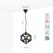 Size and specs of Black Metal Cage Polyhedral Pendant Ceiling Light with E27 | TEKLED 150-17834