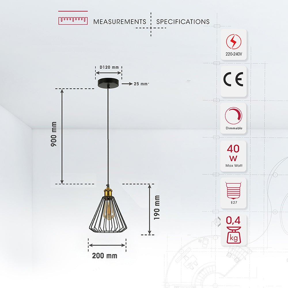 Product dimensions of black metal caged funnel pendant light with e27 fitting