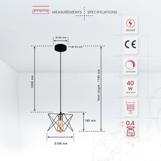 Product dimensions of black metal caged pendant light with e27 fitting