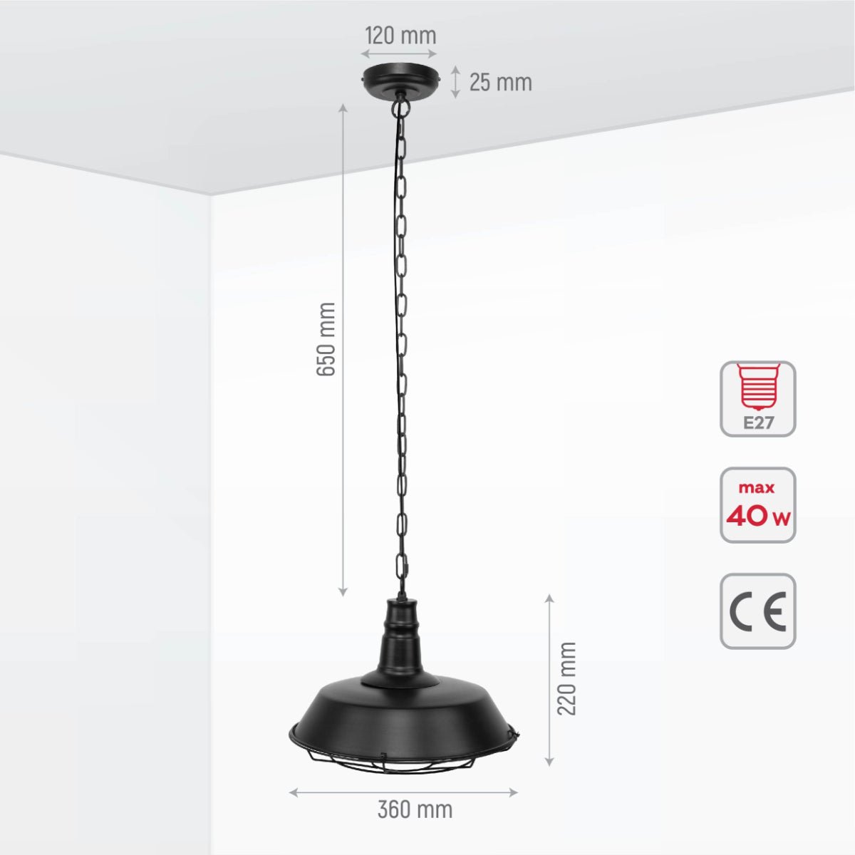 Size and specs of Black Metal Caged Step Pendant Ceiling Light with E27 | TEKLED 150-15036