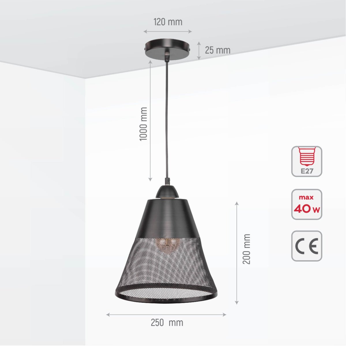 Size and specs of Black Metal Funnel Pendant Ceiling Light with E27 | TEKLED 150-18063