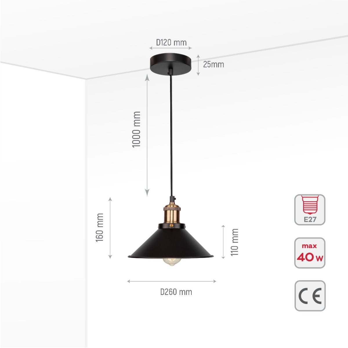 Size and specs of Black Metal Large Funnel Pendant Ceiling Light with E27 | TEKLED 150-15032