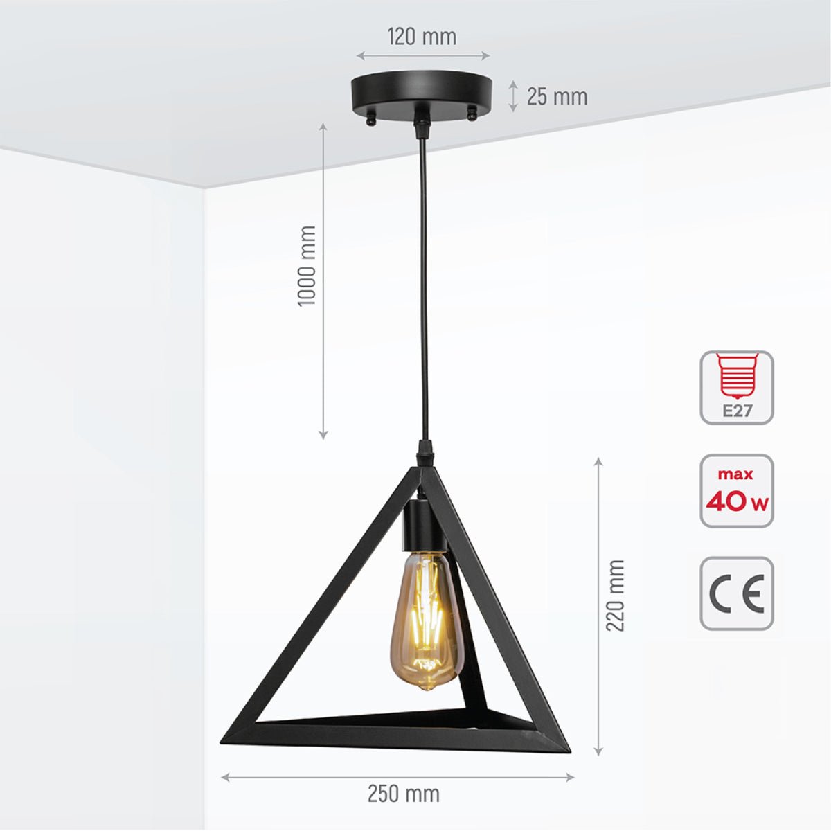Size and specs of Black Metal Pyramid Cage Pendant Ceiling Light with E27 | TEKLED 150-17948