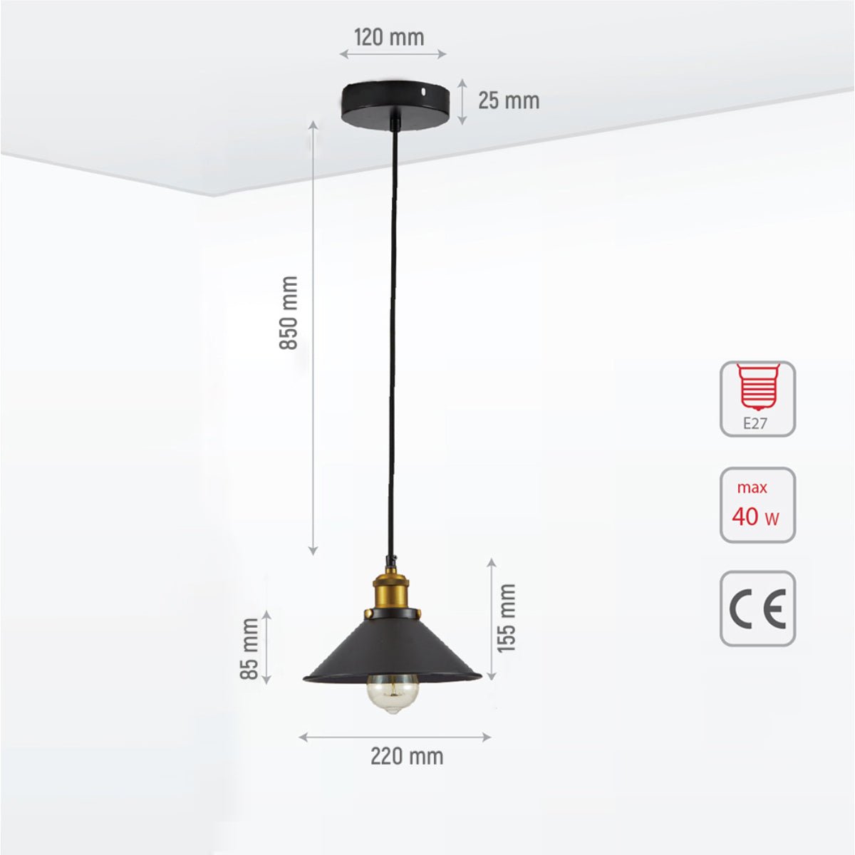 Size and specs of Black Metal Small Funnel Pendant Ceiling Light with E27 | TEKLED 150-17862