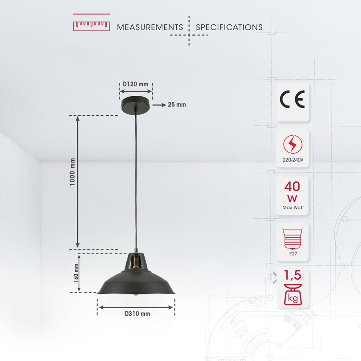 Size and specs of Black Metal Step Pendant Ceiling Light with E27 | TEKLED 150-15034