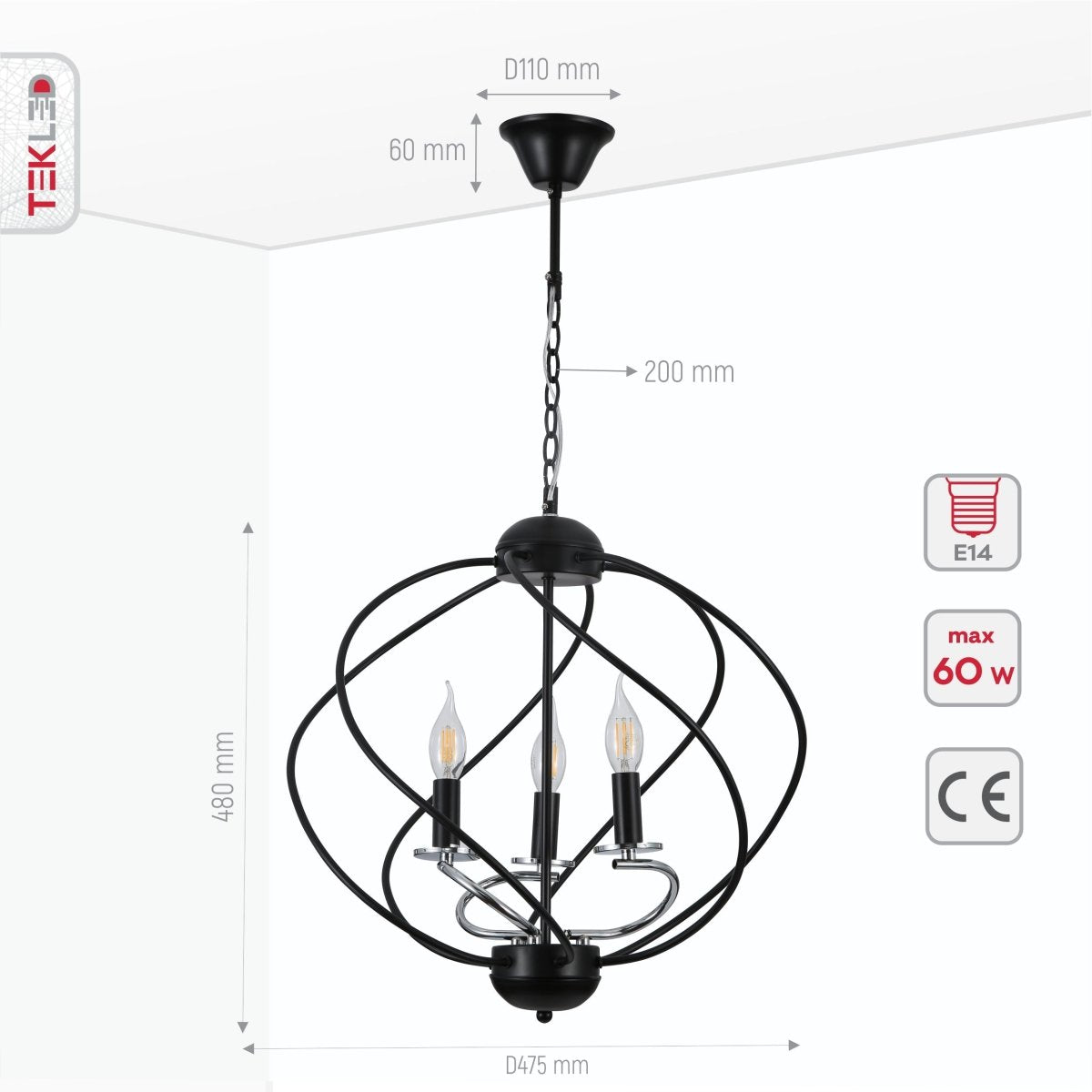 Product dimensions of black spiral metal chrome arm chandelier 3xe14