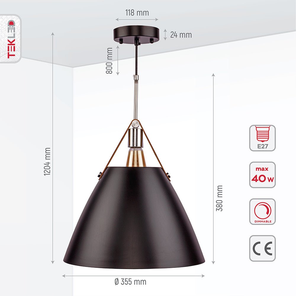 Product dimensions of black-white metal funnel pendant light with e27 fitting