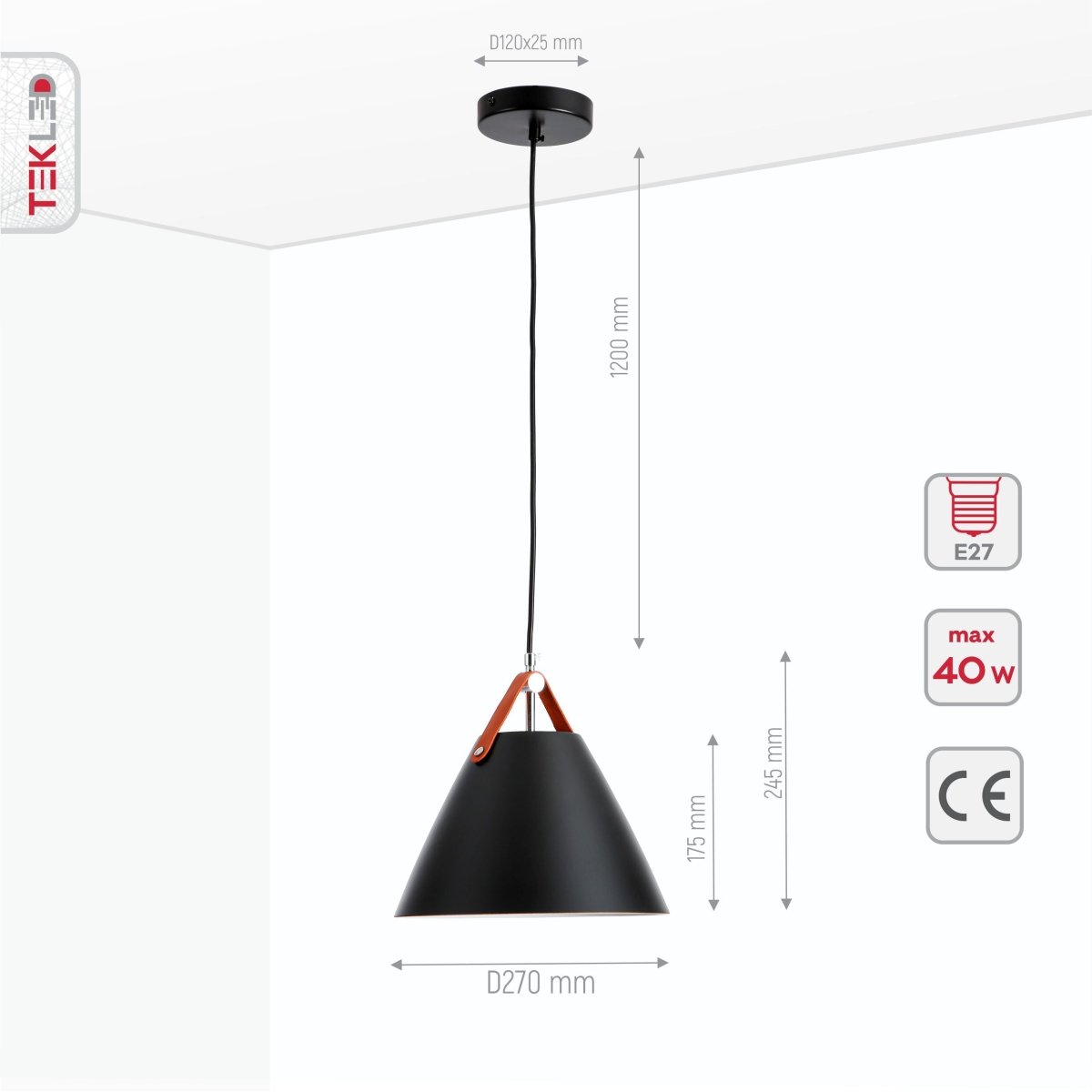 Product dimensions of black white metal funnel pendant light small e27