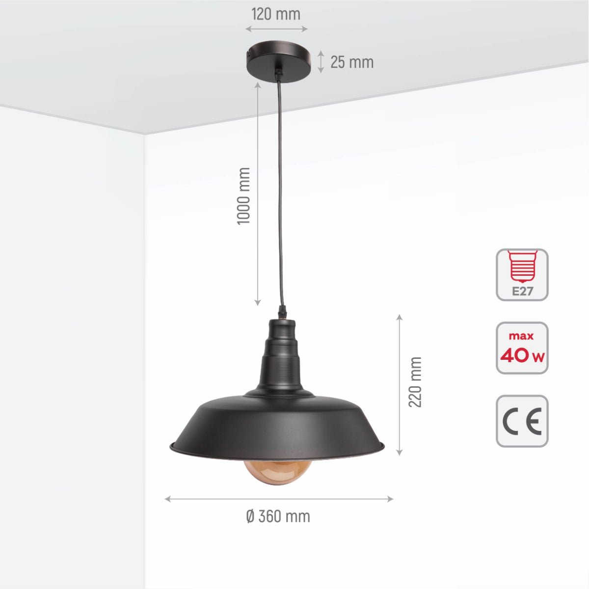Size and specs of Black-White Metal Step Pendant Ceiling Light with E27 | TEKLED 150-15040