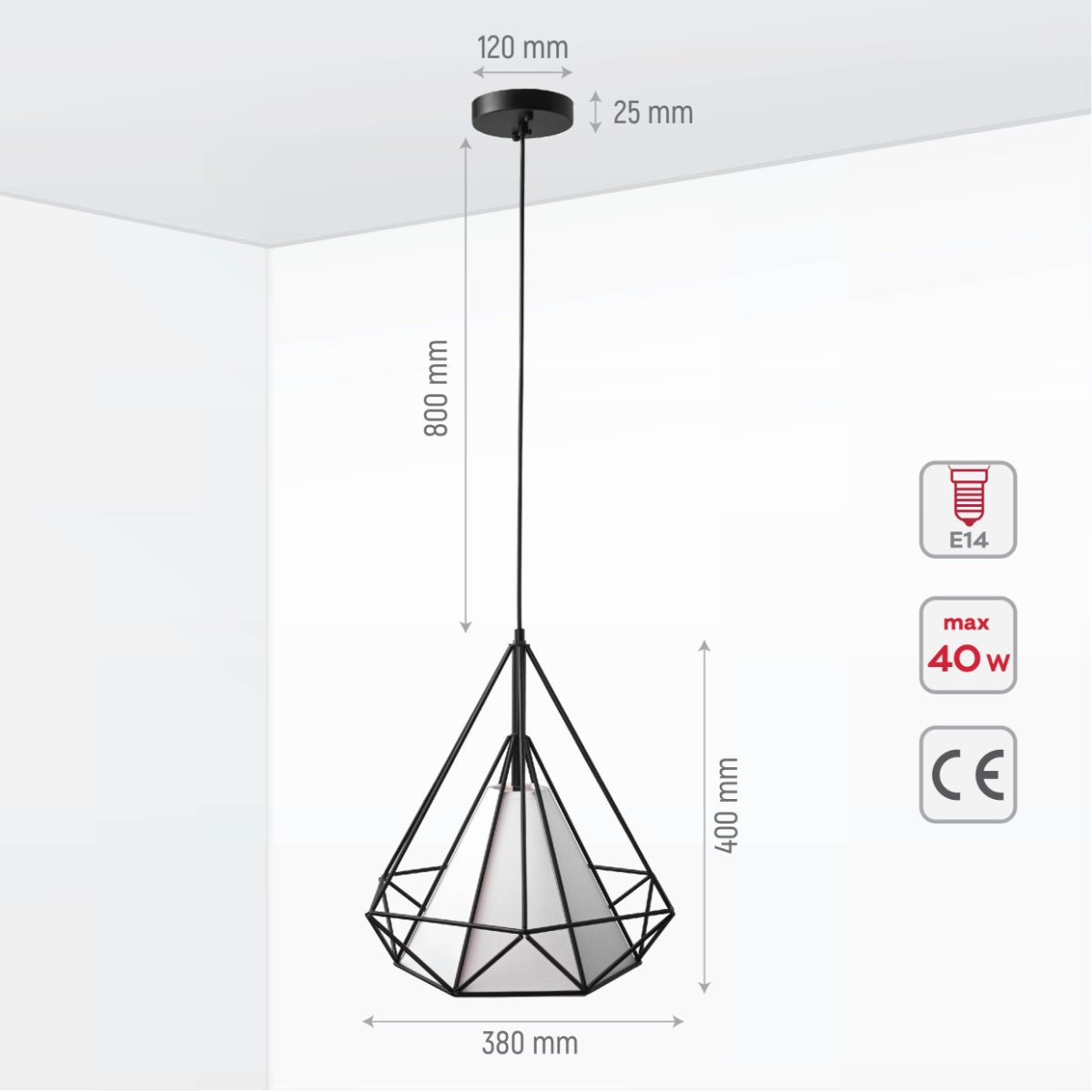 Size and specs of Black Wire Opal Shade Caged Funnel Pendant Ceiling Light with E27 | TEKLED 150-17746