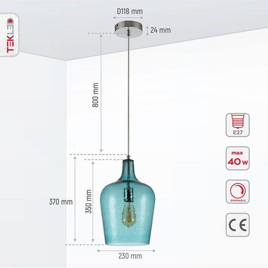 Product dimensions of blue frosted glass schoolhouse pendant light l with e27 fitting