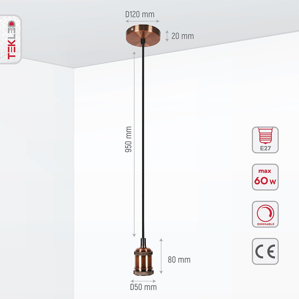 Product dimensions of bronze metal pendant light with e27 fitting