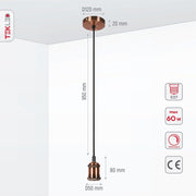Product dimensions of bronze metal pendant light with e27 fitting