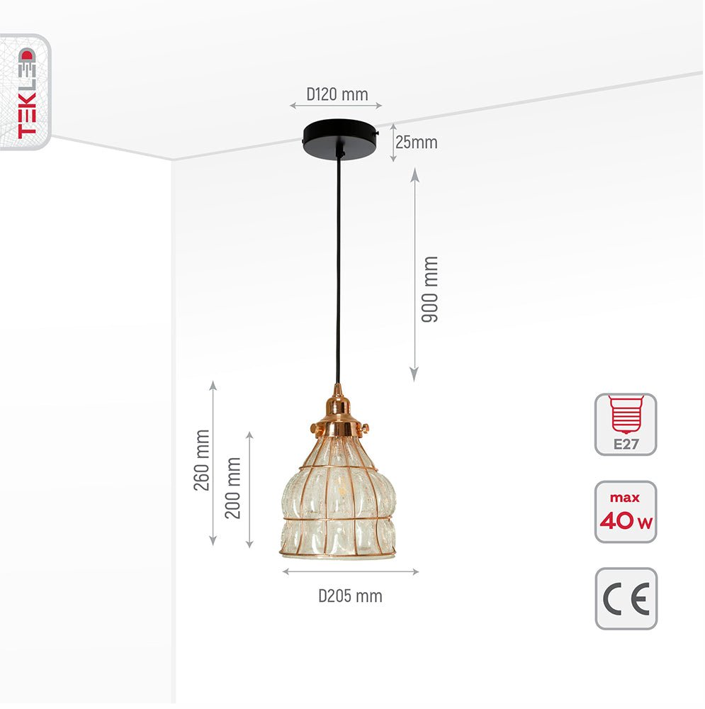 Product dimensions of caged copper metal clear glass dome pendant light with e27 fitting