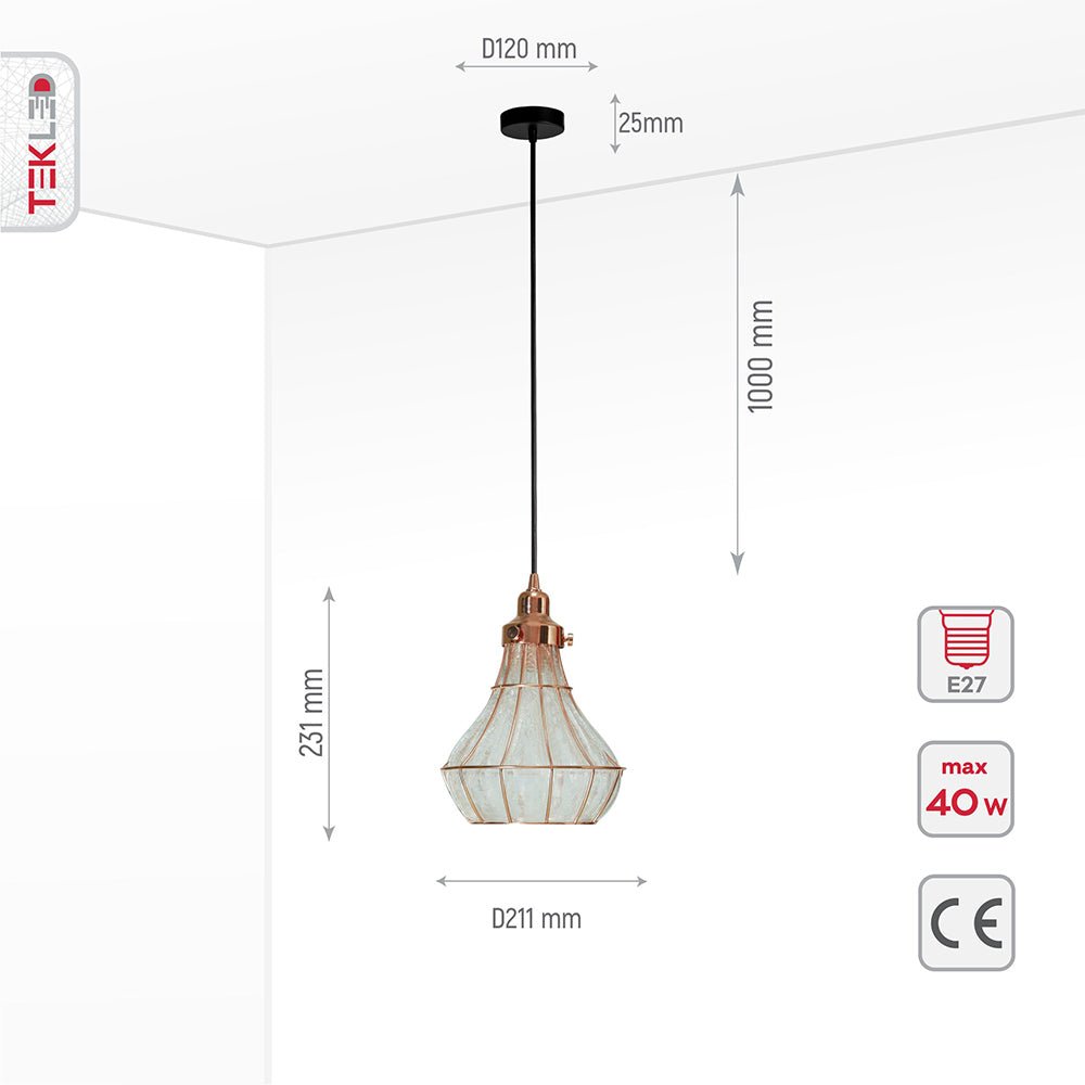 Product dimensions of caged copper metal clear glass step pendant light with e27 fitting