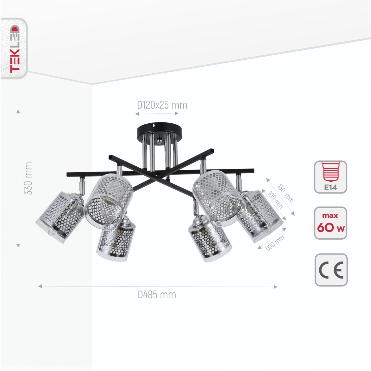 Product dimensions of chrome honeycomb black chrome body semi flush ceiling light 6xe14