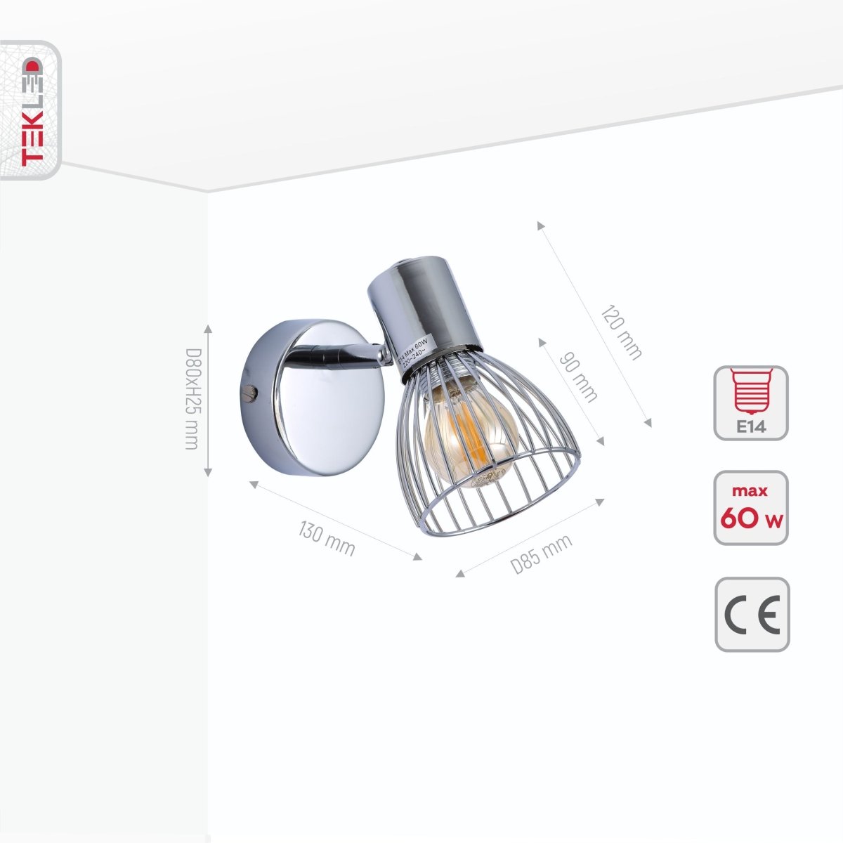 Product dimensions of chrome metal caged wall light e14