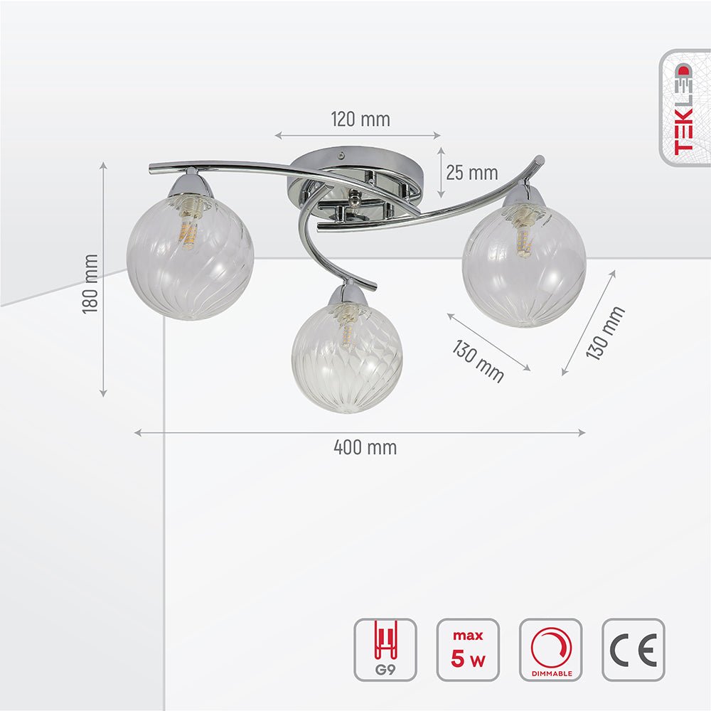 Product dimensions of chrome metal clear glass ceiling light with 3xg9 fitting