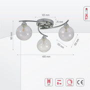 Product dimensions of chrome metal clear glass ceiling light with 3xg9 fitting