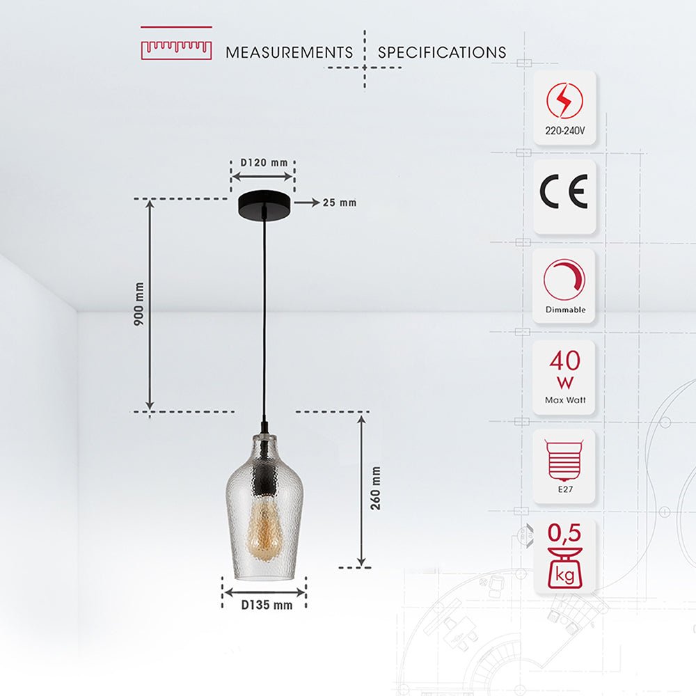Product dimensions of clear frosted glass schoolhouse pendant light s with e27 fitting