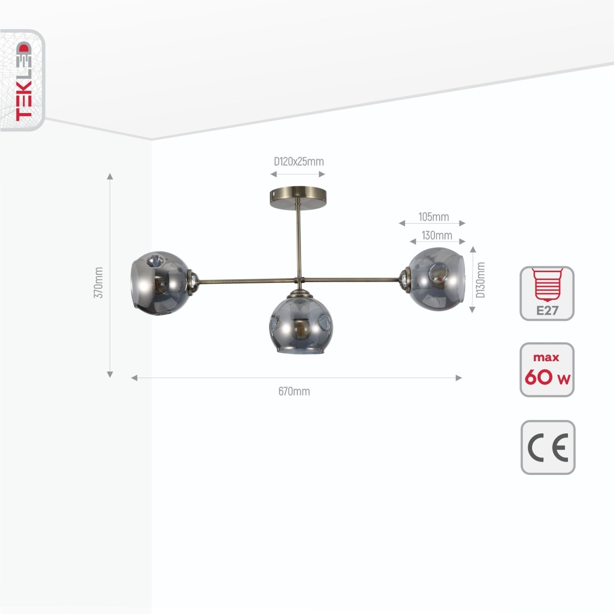 Product dimensions of clear glass dome antique brass semi flush ceiling light 3xe27